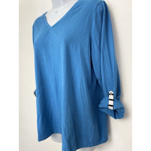 Denim & Co Jersey V-Neck Long-Slv Top Roll Tab Women's Mediterranian L Blue B15 - Picture 3 of 5